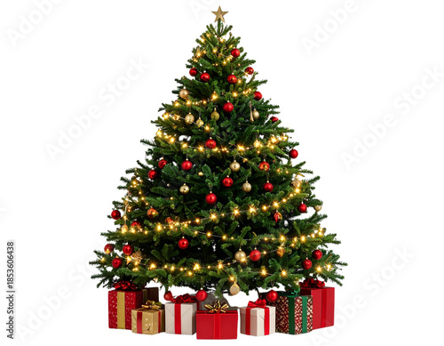 Front View Christmas Tree with Red and Gold Ornaments and Gifts, Isolated on Transparent Background