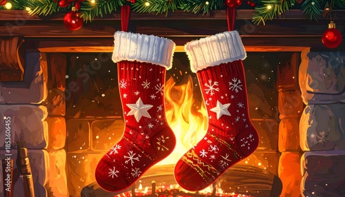 Cozy Christmas scene with stockings hanging from a decorated fireplace