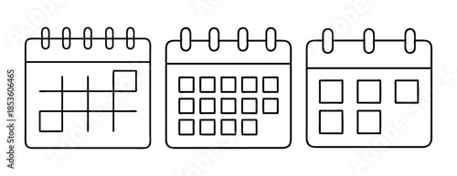 Outline calendar icons set for time management and event planning app