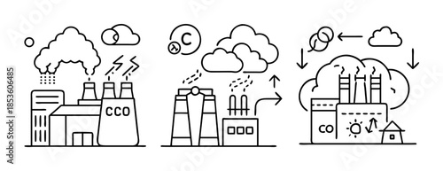 Industrial emissions, carbon cycle, global warming, pollution icon set