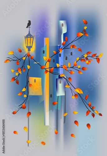 abstract composition with a city in autumn