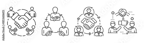 Teamwork, collaboration, business partnership, and social connection icons