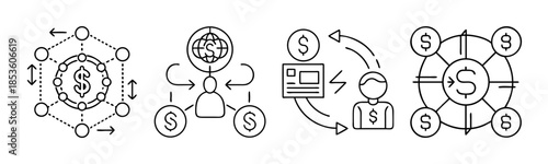 Modern financial transaction and global money network outline icons set