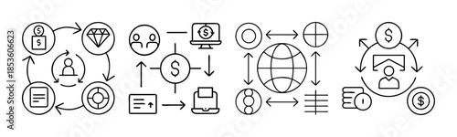 Business, finance, global economy, and investment processes vector icons