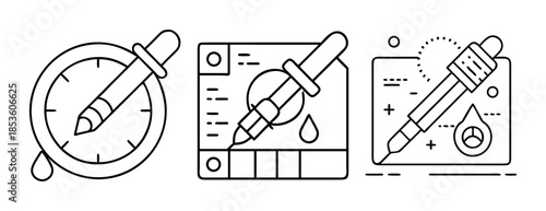 Chemical analysis, laboratory testing, scientific experiment line icons