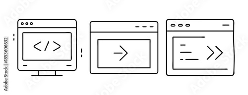 Dev workflow and execution process line art icon set for technology