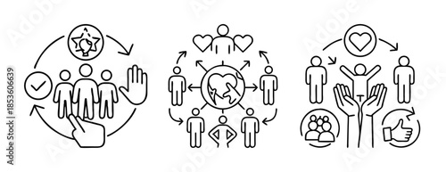 Teamwork, community, customer feedback, and global care outline icons