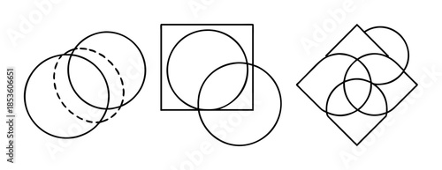 Abstract line art diagrams showing intersecting circles, squares, and sets.