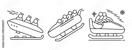 Bobsleigh winter sport activity outline icon set with people in sled