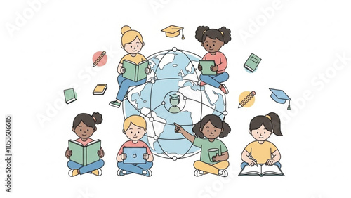 Diverse children reading books and using laptop around globe