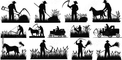 Farming, harvest, silhouette, posture, gesture, scythe, horse, crop, setup, vector, black, pose, flavector, minimal, traditional, rural, agriculture, labor, field, bundle, equipment