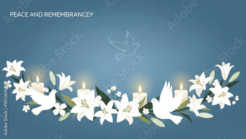 Peaceful dove and flowers with candles on blue background