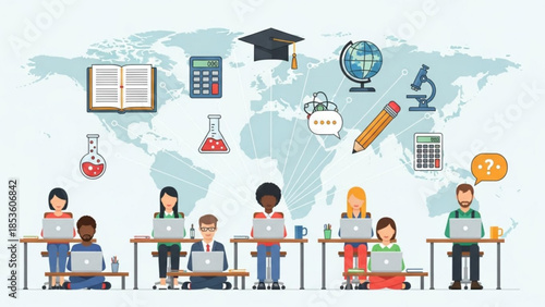 Students sitting at desks with laptops education icons floating
