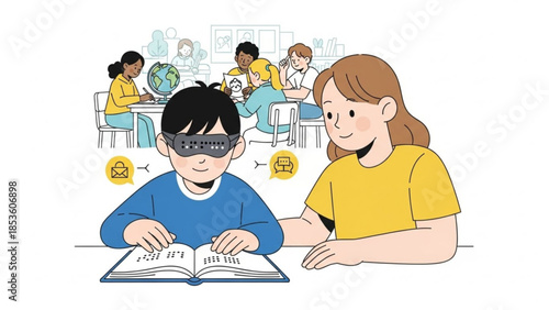 A young boy with braille book and assistant in classroom setting