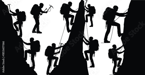 Climbing, mountain, silhouette, posture, gesture, rope, axe, backpack, teamwork, ascent, setup, vector, black, pose, flavector, minimal, adventure, coordination, safety, effort, challenge