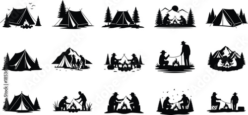 Camping, forest, silhouette, posture, gesture, tent, campfire, mountain, tree, marshmallow, setup, vector, black, pose, flavector, minimal, outdoor, nature, adventure, group, activity
