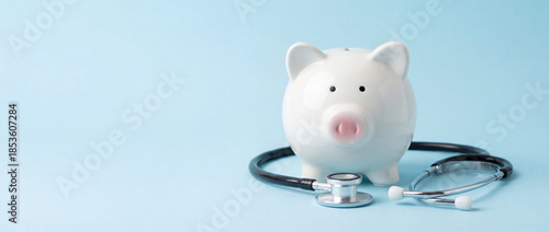 White piggy bank with stethoscope on blue background representing healthcare costs