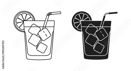 Two refreshing glasses of iced drinks with lemon slices and straws presented as a silhouette