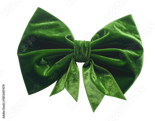Lush, emerald green velvet bow, tied perfectly, isolated on a black background