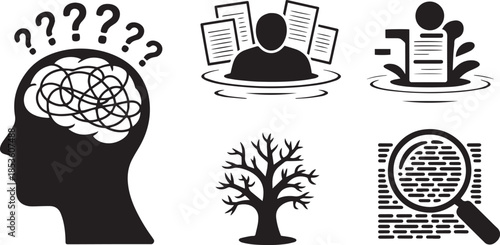 Information Anxiety Silhouette Icons Vector Data Flood Decision Paralysis Cognitive Load Mental Clarity