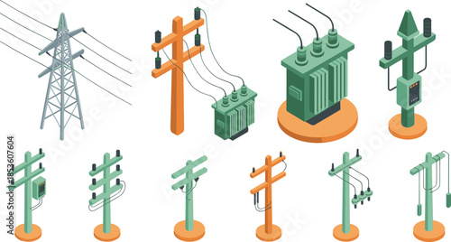 Isometric electric power transmission icons set, utility poles transformers high voltage lines, electricity distribution infrastructure, energy grid, vector illustration