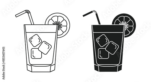 Two refreshing drinks with citrus slices and ice presented in contrasting line art styles silhouette