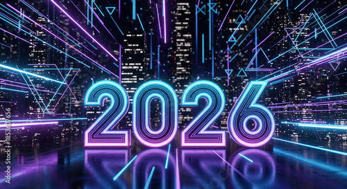 Futuristic 2026 New Year text with neon lights and digital cyberpunk city background