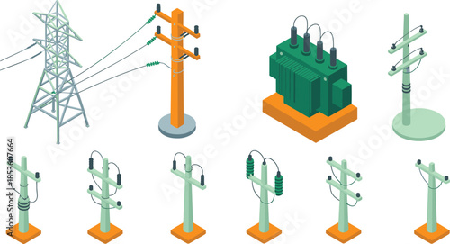 Isometric electric power transmission icons set, utility poles transformers high voltage lines, electricity distribution infrastructure, energy grid, vector illustration