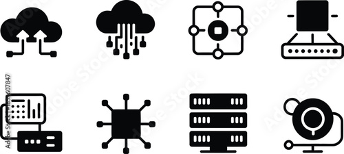 Vector art of black and white line icons depicting various computer and technology concepts