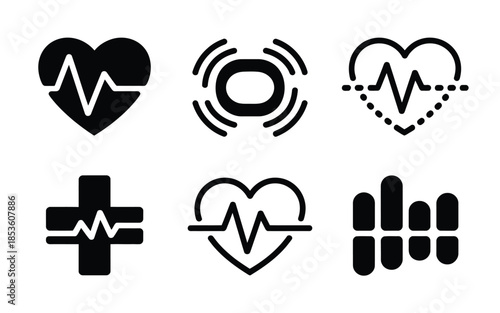 Vector art of medical and healthcare icons with heart rate and cross symbols