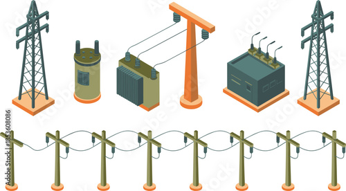 Isometric electrical infrastructure icons set, power poles pylons transformers, electricity transmission and distribution network, utility grid elements, vector illustration
