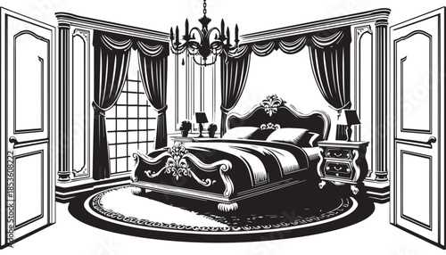 black color bedroom silhouette vector illustration, solid white background