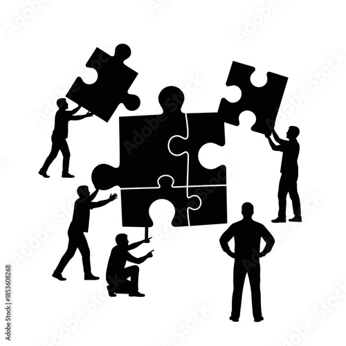 Teamwork concept with silhouettes placing puzzle pieces together
