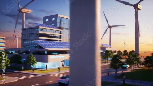 Modern city infrastructure featuring solar panels and wind turbines at sunset