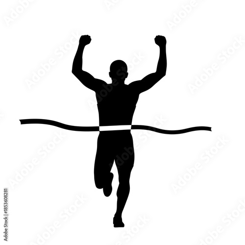 Man crossing finish line with arms raised in victory and excitement