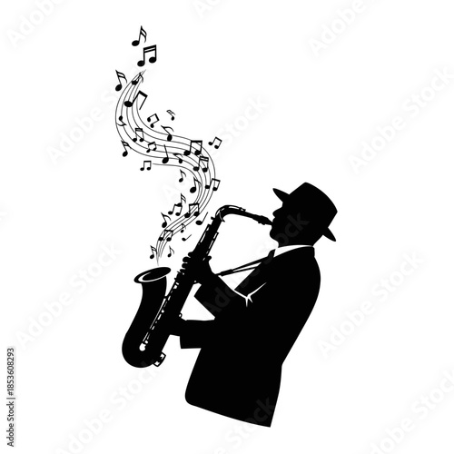 Silhouette of a man playing saxophone with musical notes