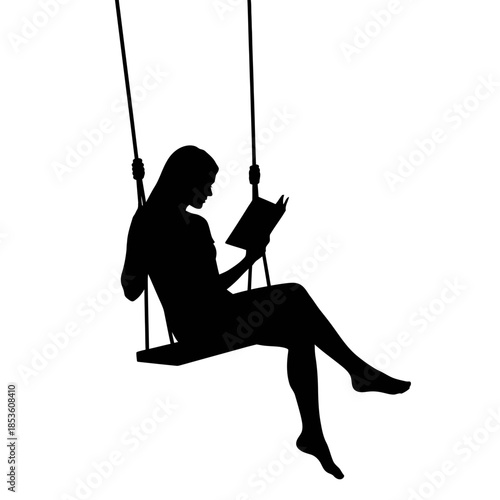 Silhouette of woman reading on a swing, peaceful and relaxed
