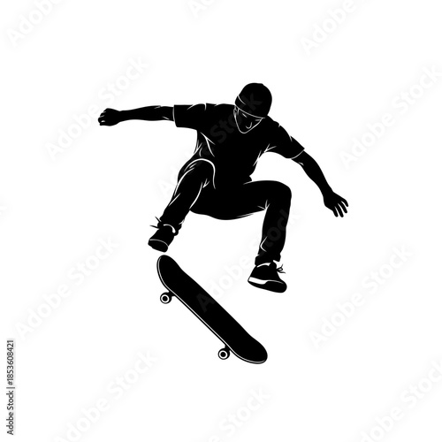 Professional skateboarder performing dynamic trick in mid-air with skateboard
