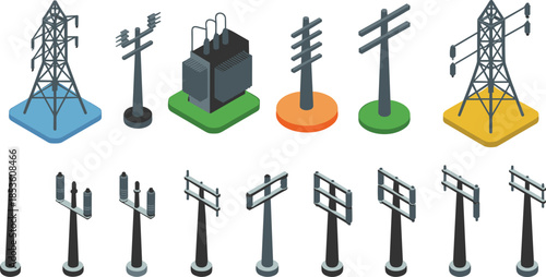 Isometric electrical infrastructure icons set, power poles transmission towers transformers, electricity distribution network, utility grid elements, modern energy vector illustration