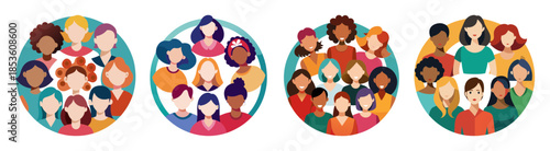 Diverse women circle unity colorful abstract faces portrait art