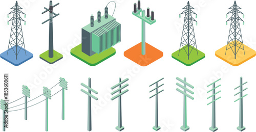 Isometric electrical infrastructure icons set, power poles transmission towers transformers, electricity distribution network, utility grid elements, modern energy vector illustration