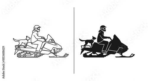 A detailed illustration of a snowmobile rider and canine companion in a striking silhouette