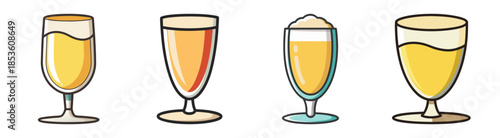 Four different glasses of bubbly yellow beverage with foam top