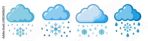 Four stylized clouds raining abstract shapes and symbols