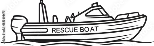 A black and white line art of a motorized rescue boat on water. Suitable for marine safety manuals, coast guard themes, and coloring book elements.