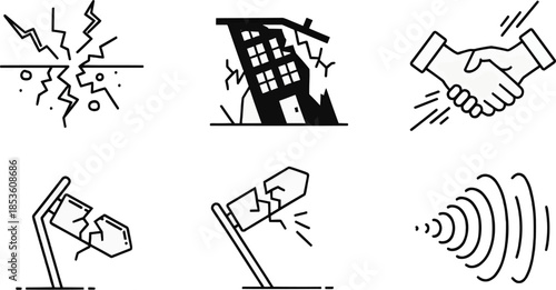Minimalist line icons representing earthquake cracks, building collapse, a handshake for aid, and seismic warning waves. Ideal for emergency apps and safety guides.