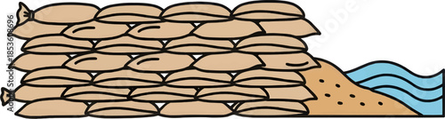 A detailed vector of a sandbag wall acting as a levee against rising water and waves. Represents civil engineering and flood defense measures.