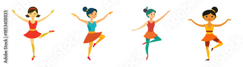 Four cartoon ballerinas in colorful tutus performing ballet poses