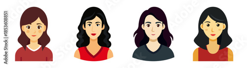 Four cartoon women portraits with different hairstyles and outfits