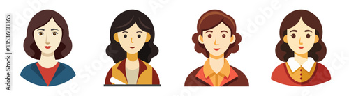 Four women with different hairstyles and expressions in colorful clothing